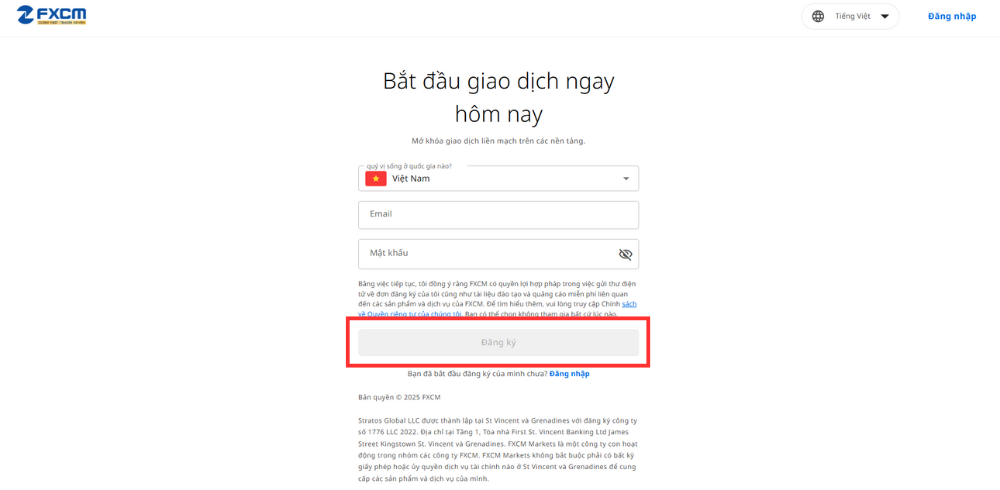 Hướng dẫn mở tài khoản sàn FXCM đơn giản cho người mới bắt đầu 3 Ấn đăng ký để tiếp tục mở tài khoản