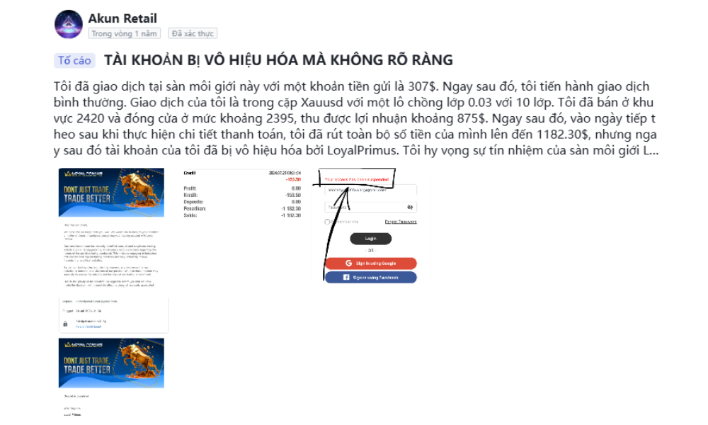 Sàn Loyal Primus có uy tín không? Đánh giá sàn Loyal Primus năm 2025 4 Tài khoản của một nhà đầu tư khác cũng bị vô hiệu hóa