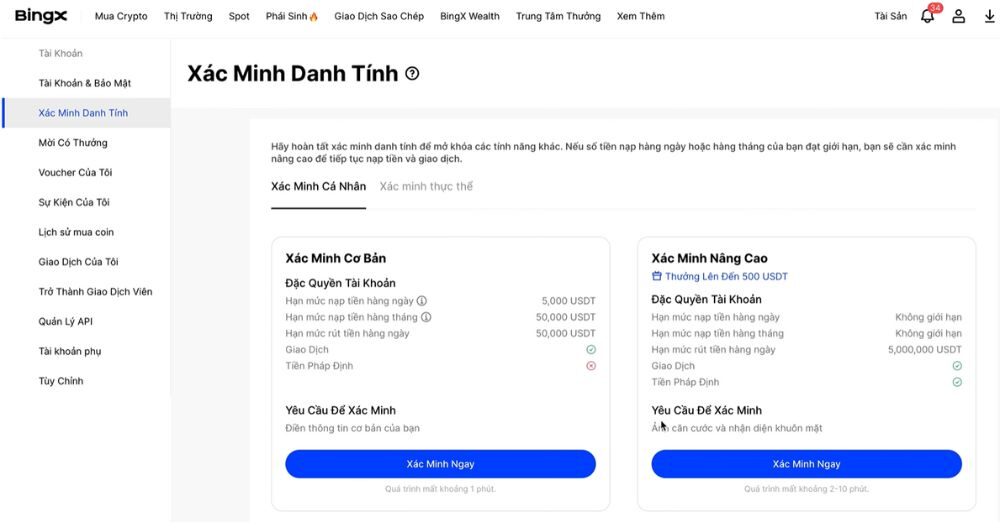 Hướng dẫn cách mở tài khoản sàn BingX mới nhất năm 2025 4 Xác minh danh tính KYC để tiếp tục giao dịch