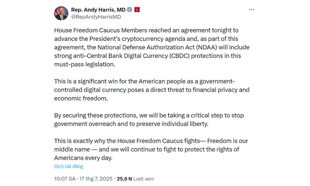 Hạ viện Mỹ thông qua dự luật Crypto sau 9 giờ trì hoãn 2 Dân biểu Andy Harris khẳng định trên X