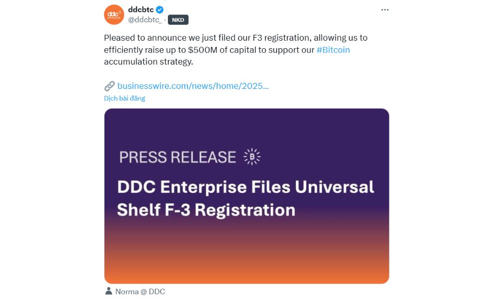 DDC Enterprise huy động 500 triệu USD mua Bitcoin 2 DDC Enterprise Limited thông báo vừa nộp đơn đăng ký F3