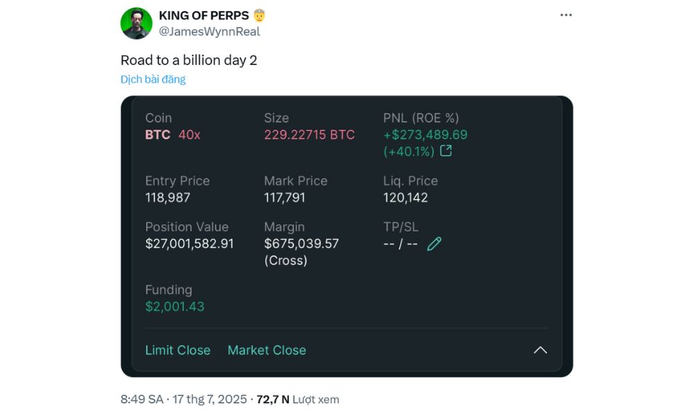 Cá voi OG chuẩn bị bán, James Wynn short Bitcoin 40X 3 James Wynn đã mở một vị thế bán BTC 40x