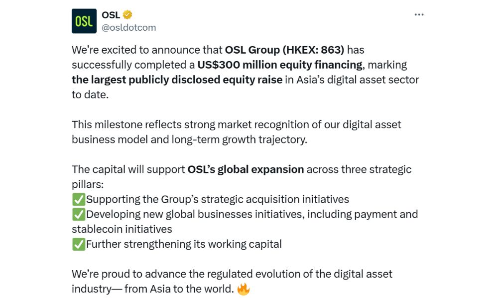 Cuộc đua Stablecoin: OSL tham gia với 300 triệu USD 2 OSL thông báo trên X về việc huy động 300 triệu USD phát triển Stablecoin