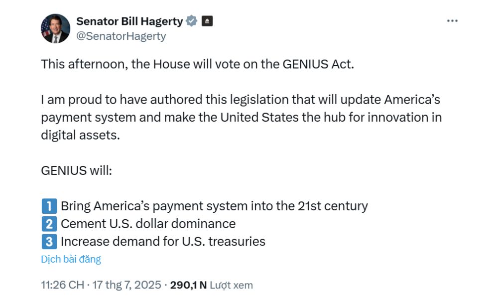 Hạ viện Mỹ thông qua dự luật Crypto sau 9 giờ trì hoãn 3 Thượng nghị sĩ Bill Hagerty đã đảm bảo Đạo luật GENIUS sẽ được đưa ra bỏ phiếu