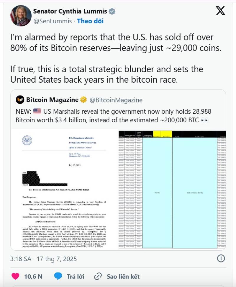 Chính phủ Mỹ được cho là đã bán 85% lượng Bitcoin nắm giữ trước thời Trump 3 Thông tin về việc Mỹ đã bán Bitcoin