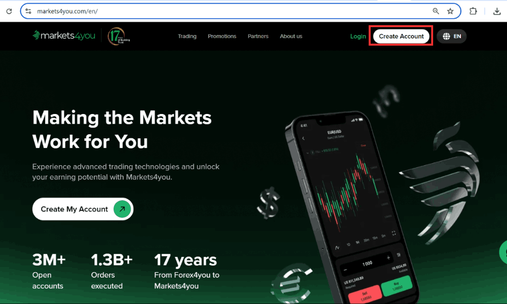 Hướng dẫn chi tiết cách mở tài khoản sàn Markets4you 2 Ấn vào đây để đăng ký tài khoản