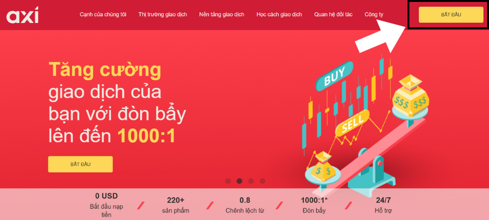 Hướng dẫn chi tiết cách mở tài khoản sàn Axi cho người mới 2 Ấn vào nút Bắt đầu tại đây