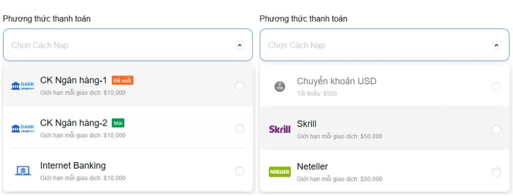 Hướng dẫn chi tiết các bước nạp tiền sàn MiTrade 4 Lựa chọn phương thức nạp tiền