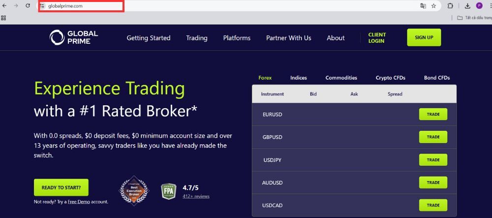Hướng dẫn chi tiết cách mở tài khoản sàn Global Prime 2025 2 Truy cập vào website chính thức