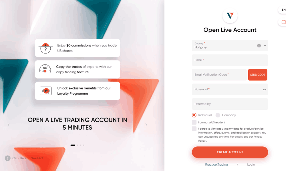 Hướng dẫn quy trình mở tài khoản sàn Vantage mới nhất 2 Truy cập vào website và điền thông tin