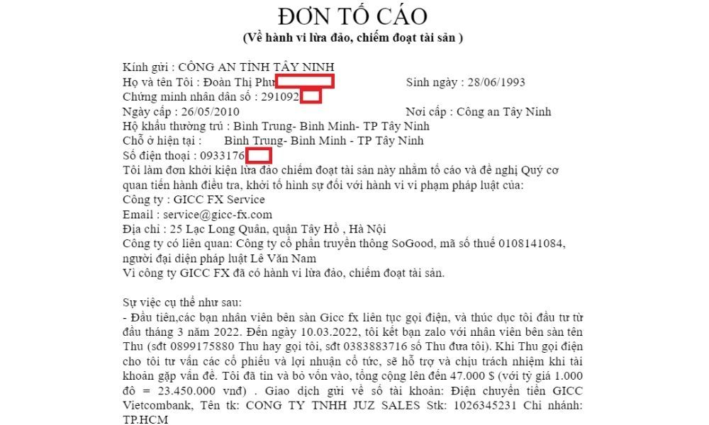 Sàn GICC FX có uy tín không? Đánh giá sàn năm 2025 4 Đơn tố cáo sàn GICC FX