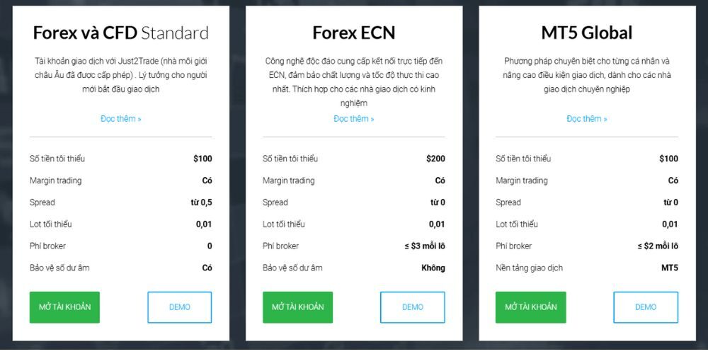 Sàn Just2trade có uy tín không? Đánh giá chi tiết sàn 2025 3 các loại tài khoản sàn Just2trade