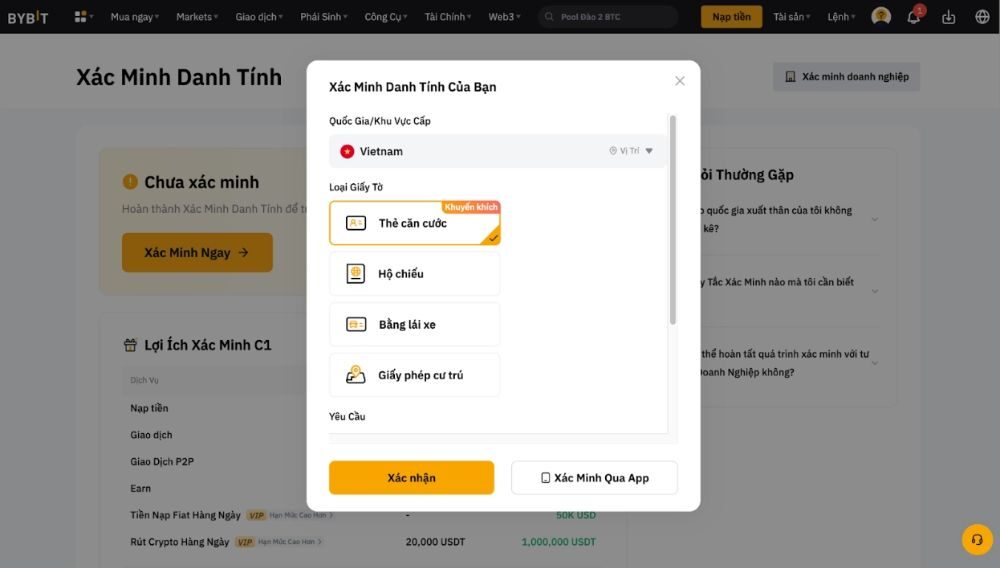 Hướng dẫn cách đăng ký tài khoản sàn Bybit nhanh chóng 6 Chọn loại giấy tờ để xác minh danh tính