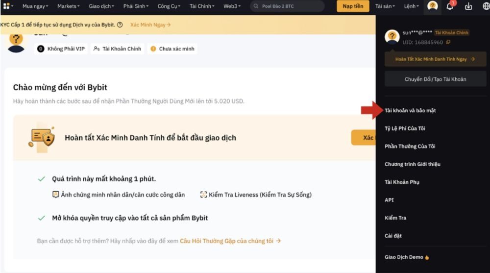 Hướng dẫn cách đăng ký tài khoản sàn Bybit nhanh chóng 7 Truy cập vào mục “Tài khoản & Bảo mật”