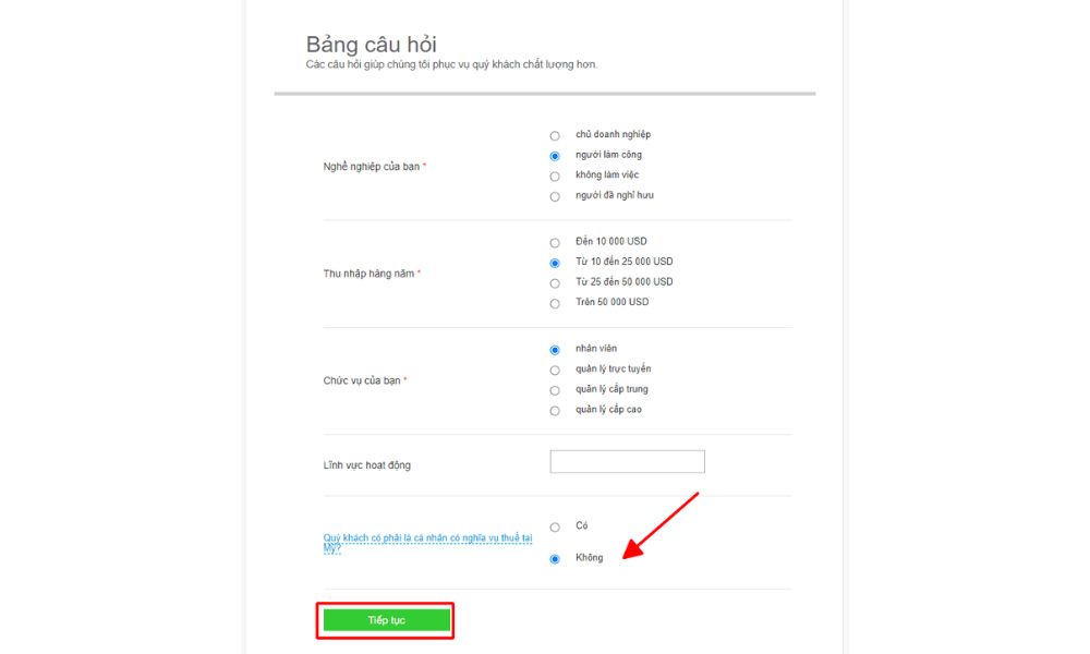Hướng dẫn chi tiết cách mở tài khoản Fibo Group năm 2025 6 Điền bảng câu hỏi thông tin cá nhân