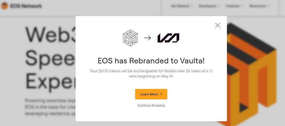 EOS là gì? Tìm hiểu hệ sinh thái và cơ hội đầu tư 2026 4 Thông báo đổi thành Vaulta